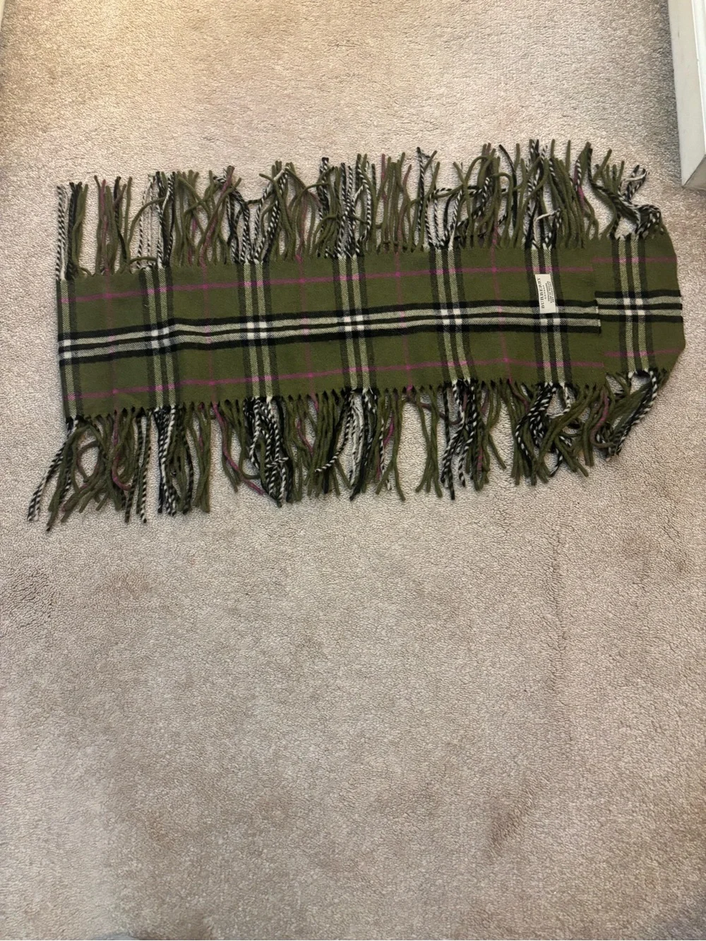 Burberry Green Plaid Cashmere Double “happy” Fringe Scarf EUC 51.5” Long 7” Wide